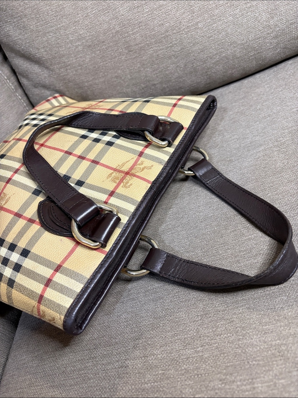 Burberry Vintage Small Haymarket Check Tote Brown Leather Trim with COA - Picture 10 of 15